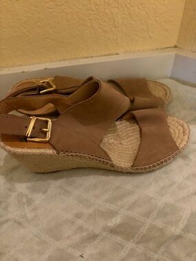 kanna Tan Suede Wedge Espadrille Sandals with Gold Buckle